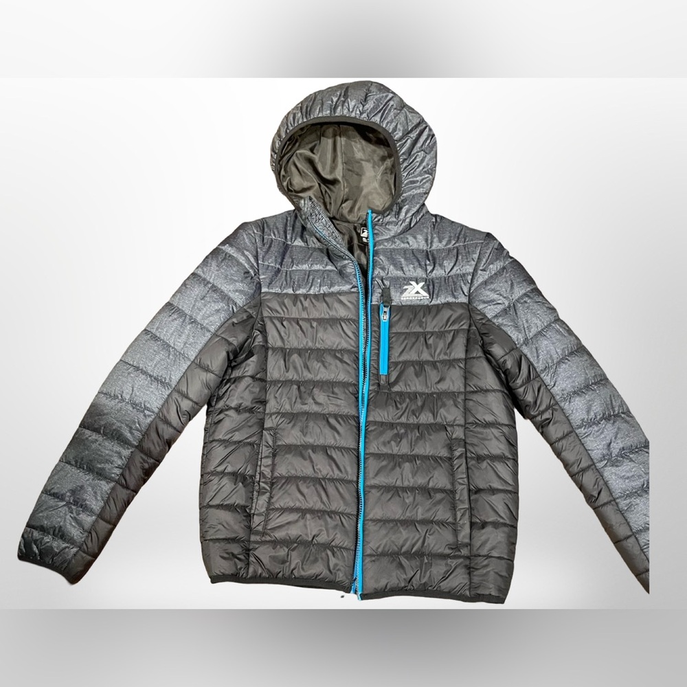 ZeroXposur Boys' Down Puffer Jacket Size XL, Color Black and Gray.
